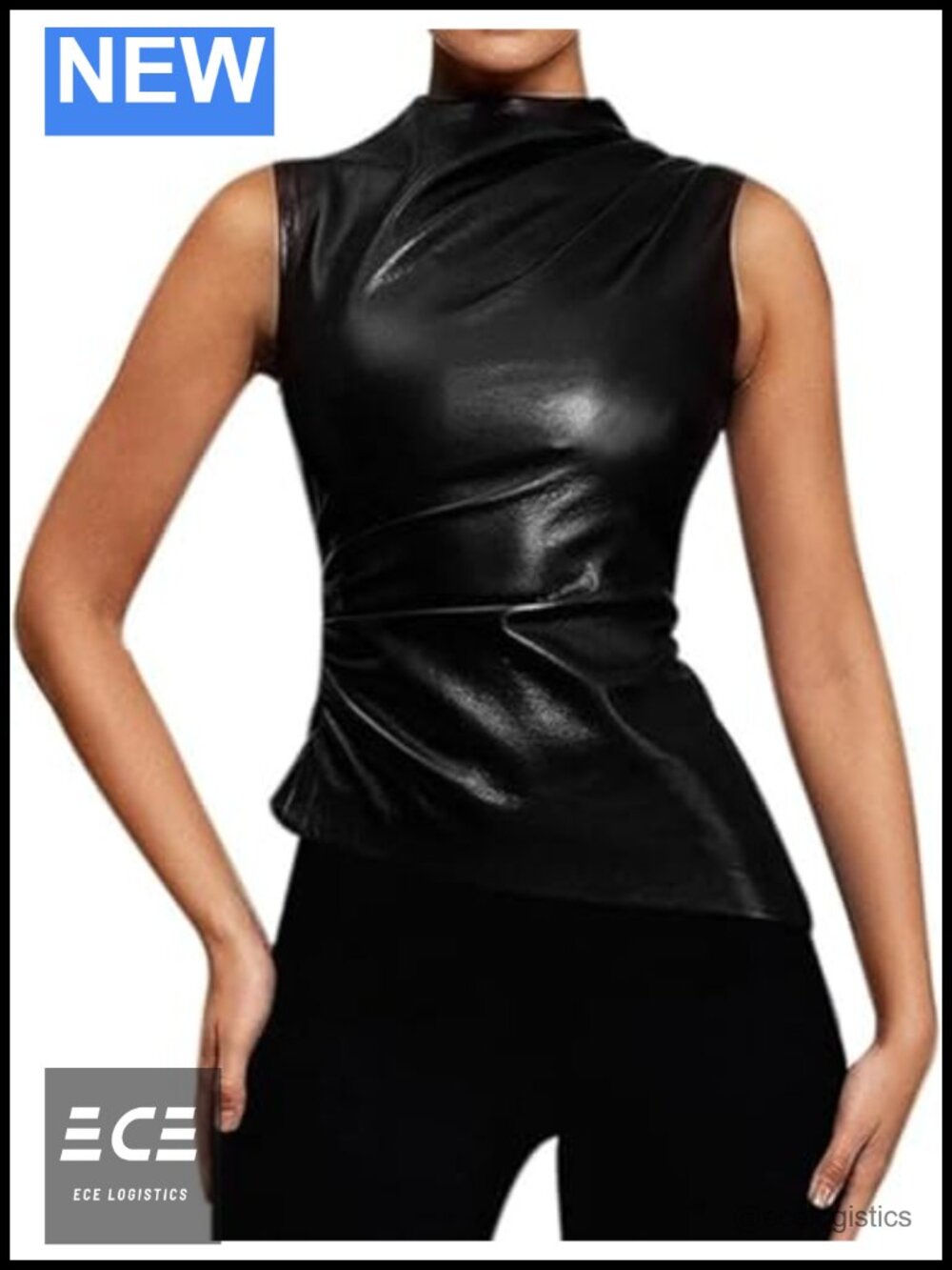 Faux Leather Ruched Tank Crop Top Asymmetrical Mock Neck Sleeveless